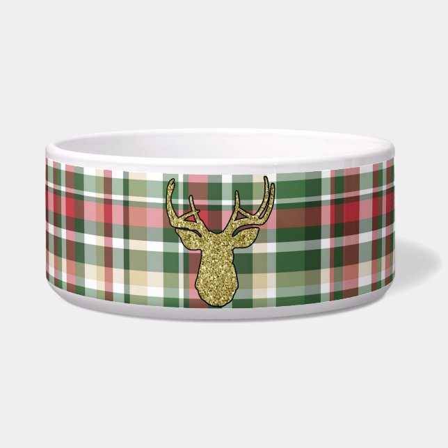 Kerst XMAS Plaid Tartan Goud Herten Pet Bowls Voerbakje (Voorkant)