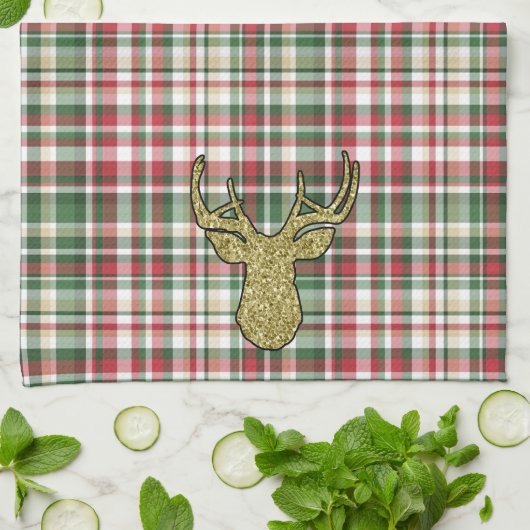 Kerst XMAS Plaid Tartan Gouden Herten Handdoek (Gevouwen)