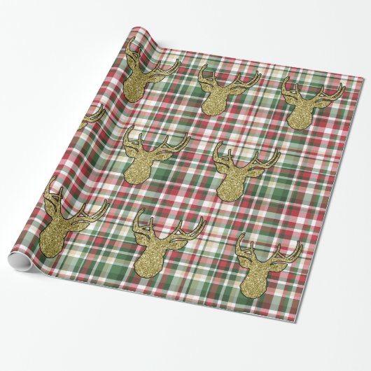 Kerst XMAS Plaid Tartan Herten Wrapping Papier (Uitgerold)