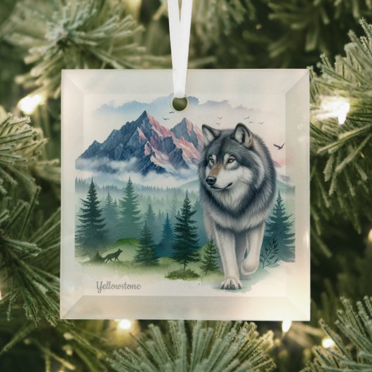 Kerst Yellowstone Wolf Glass Ornament (Insitu)