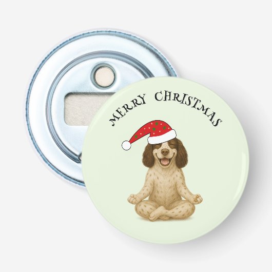 Kerst yoga spaniël uw tekst button flesopener (Voorkant)