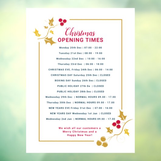Kerst zakelijke openingstijden, gouden rode hulst raamsticker (Vel 3)
