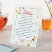 Kerst zakelijke openingstijden, gouden rode hulst reclamebord met voetstuk (Insitu)