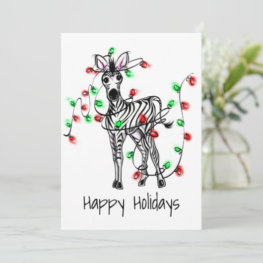 Kerst zebra, rood, groene kerst twinkellichtjes feestdagenkaart (Staand voorkant)