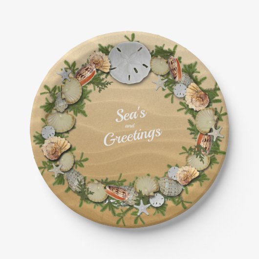 Kerst Zee & Groeten Zeesterren Zanddollar Papieren Bordje (Voorkant)