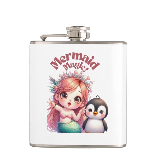 Kerst Zeemeermin Magic Kaart met Pinguïn Fun Heupfles (Voorkant)
