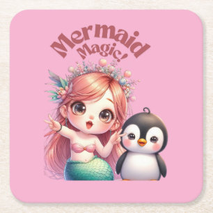 Kerst Zeemeermin Magic Kaart met Pinguïn Fun Kartonnen Onderzetters