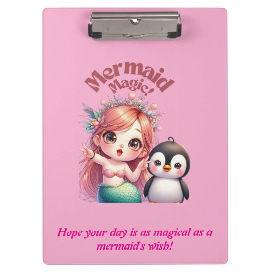 Kerst Zeemeermin Magic Kaart met Pinguïn Fun Klembord (Voorkant)