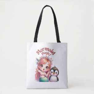 Kerst Zeemeermin Magic Kaart met Pinguïn Fun Tote Bag