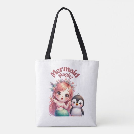 Kerst Zeemeermin Magic Kaart met Pinguïn Fun Tote Bag (Achterkant)