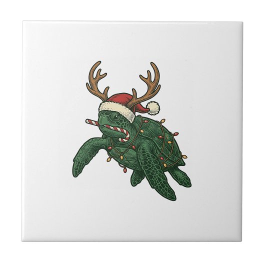Kerst Zeeschildpad Rendier Vintage Gravure De Tegeltje (Voorkant)