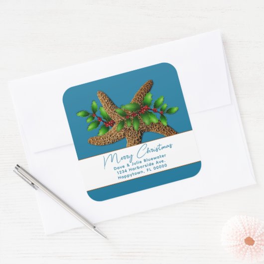 Kerst Zeester Blauwe Vierkante Retouradres Sticker (Envelop)