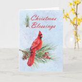 Kerst Zegeningen Rode Kardinaal op Pine Bough Kaart (Gele Bloem)