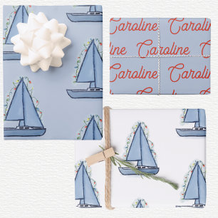 Kerst zeilboot inpakpapier vel