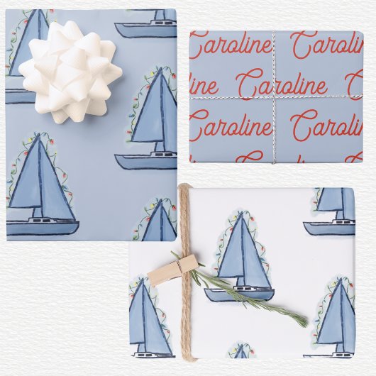 Kerst zeilboot inpakpapier vel