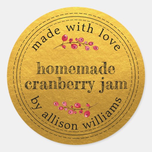 Kerst Zelfgemaakte Cranberry Jam Canning Gold Ronde Sticker (Voorkant)