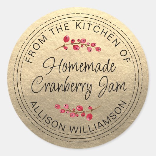 Kerst Zelfgemaakte Cranberryjam Goud Ronde Sticker (Voorkant)