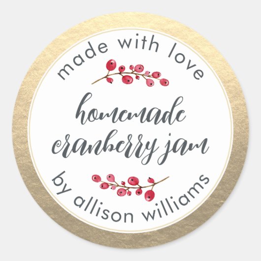Kerst Zelfgemaakte Cranberryjam Kan Goud Ronde Sticker (Voorkant)