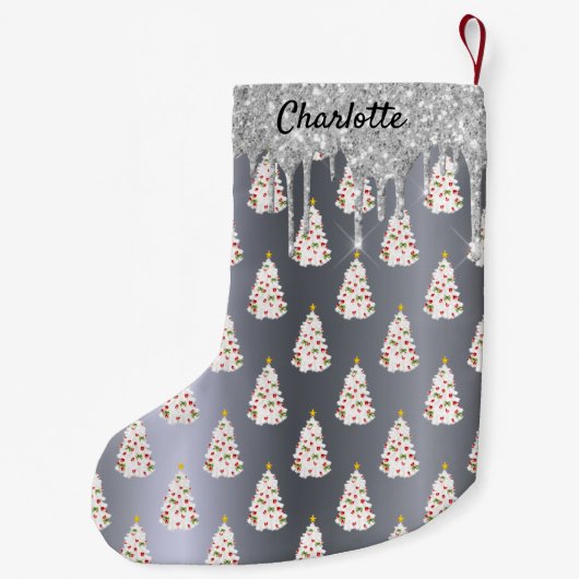 Kerst zilver glitters witte bomen monogram kleine kerstsok (Achterkant)