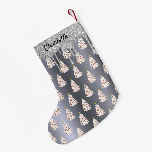 Kerst zilver glitters witte bomen monogram kleine kerstsok (Achterkant (Hangend))