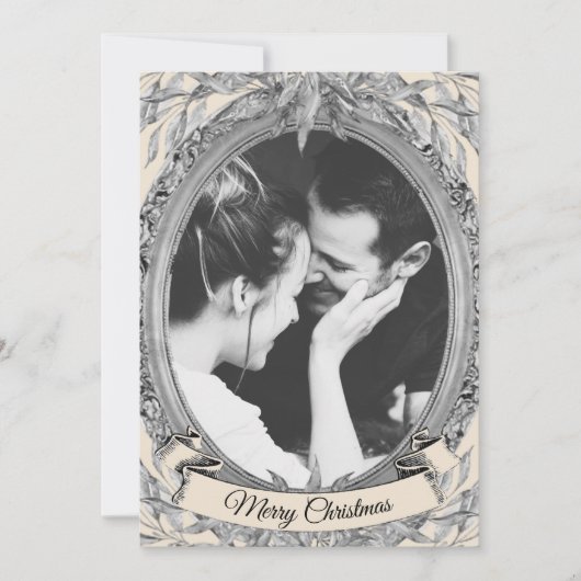 Kerst Zilveren Blad Krans Lijst Foto Feestdagenkaart (Voorkant)