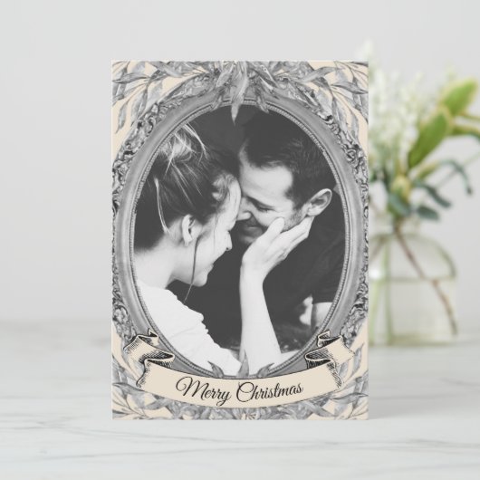 Kerst Zilveren Blad Krans Lijst Foto Feestdagenkaart (Staand voorkant)