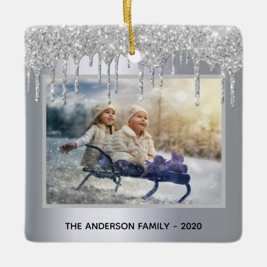 Kerst zilveren glitterslierten foto winter keramisch ornament (Voorkant)