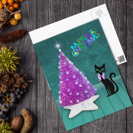 Kerst Zilveren Roze Boom Atoomzwarte Kat Blauwgroe Briefkaart