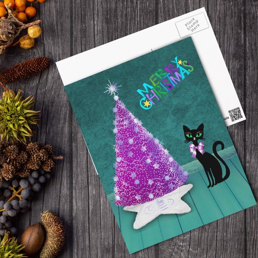 Kerst Zilveren Roze Boom Atoomzwarte Kat Blauwgroe Briefkaart