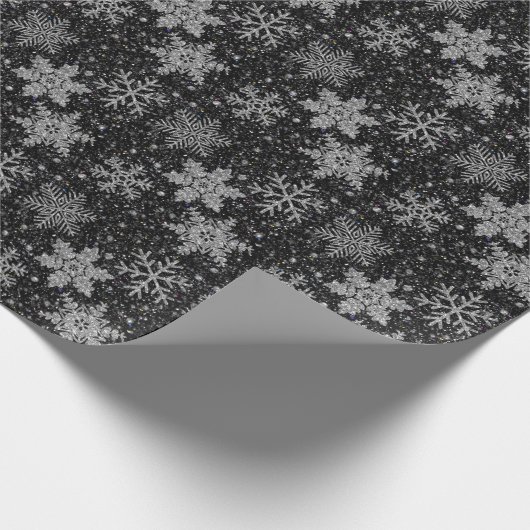 Kerst zilveren sprankelende sneeuwvlokken cadeaupapier (Hoek)