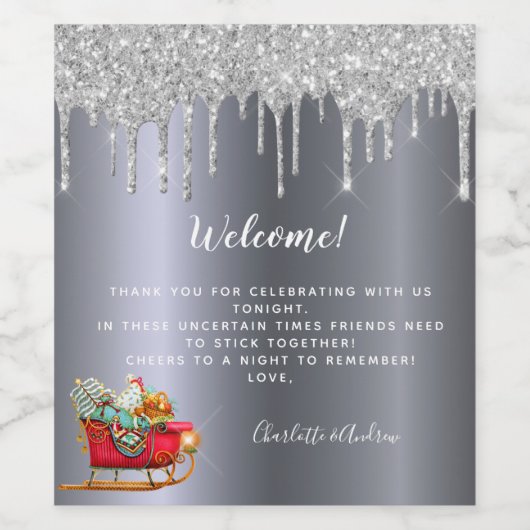 Kerst: zilverglitter wijn etiket (Enkel label)