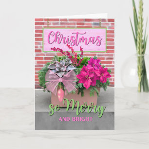 Kerst Zo vrolijk en helder in roze en groen Kaart