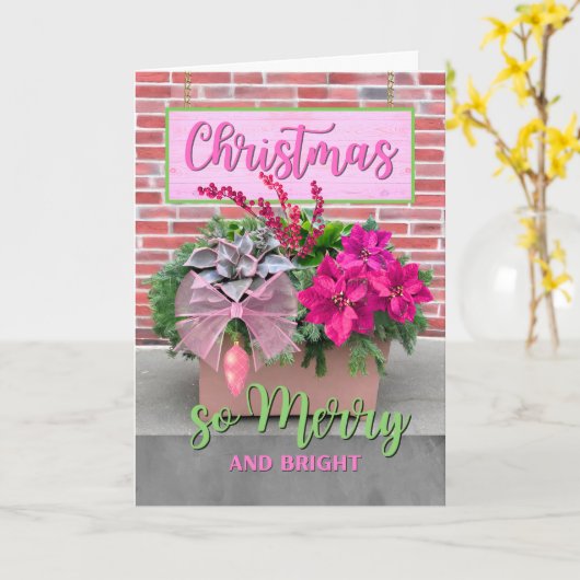 Kerst Zo vrolijk en helder in roze en groen Kaart (Gele Bloem)