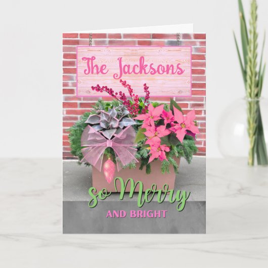 Kerst Zo vrolijk en helder in roze en groen Kaart (Voorkant)