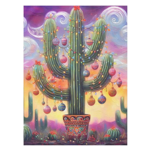 Kerst Zuidwesten Saguaro Cactus Zelf-geadresseerd Tafelkleed (Voorkant)