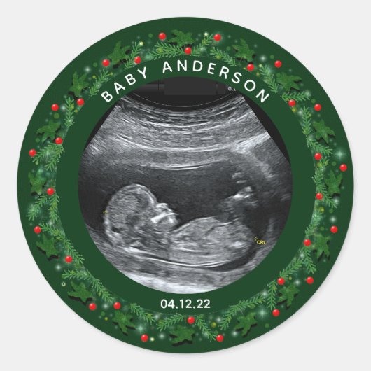 Kerst zwangerschapsaankondiging ronde sticker (Voorkant)