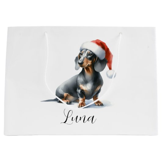 Kerst Zwart Dachshund Pet Gift Bag Groot Cadeauzakje (Voorkant)