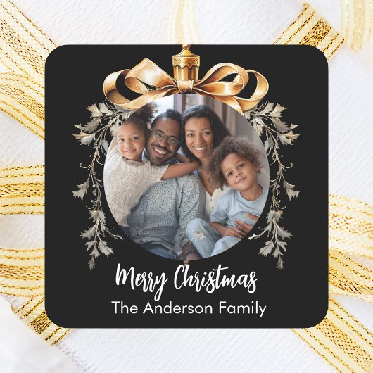 Kerst zwart goud bauble familiefoto vierkante sticker