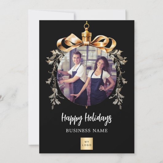 Kerst Zwart Goud Bauble Team Foto logo Feestdagenkaart (Voorkant)