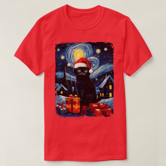 Kerst Zwart Kat Sterrennacht Van Gogh Retro Ca T-shirt (Design voorkant)