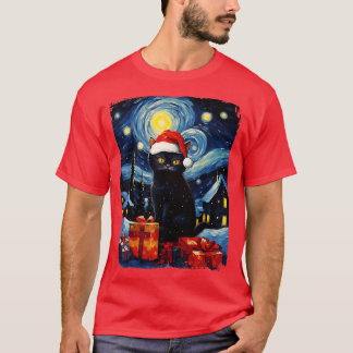 Kerst Zwart Kat Sterrennacht Van Gogh Retro Ca T-shirt
