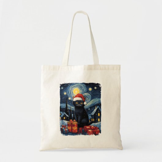 Kerst Zwart Kat Sterrennacht Van Gogh Retro Ca Tote Bag (Voorkant)