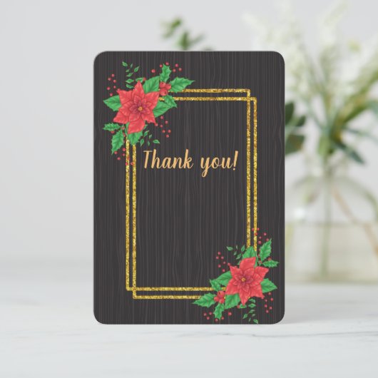 Kerst Zwart Poinsettia Goud Lijst bruiloft Bedankkaart (Staand voorkant)