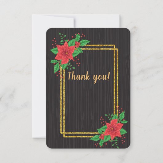 Kerst Zwart Poinsettia Goud Lijst bruiloft Bedankkaart (Voorkant)