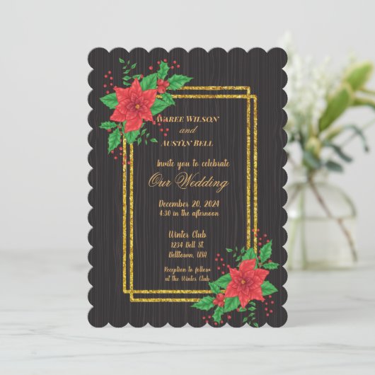 Kerst Zwart Poinsettia Goud Lijst bruiloft Kaart (Staand voorkant)