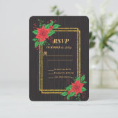 Kerst Zwart Poinsettia Goud Lijst bruiloft RSVP Kaartje (Staand voorkant)