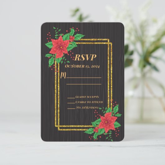 Kerst Zwart Poinsettia Goud Lijst bruiloft RSVP Kaartje (Staand voorkant)
