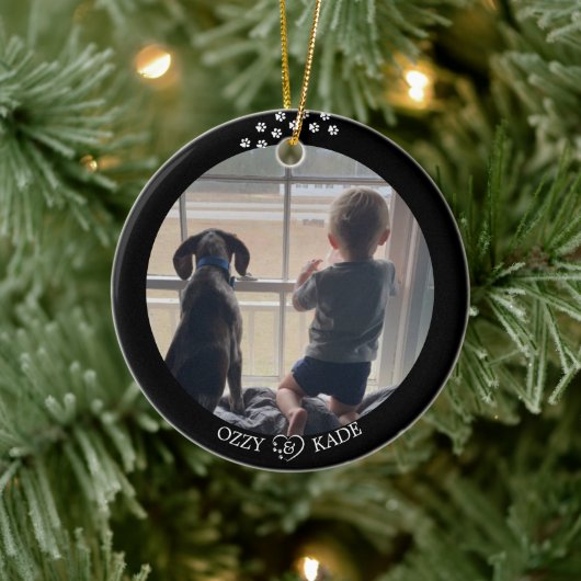 Kerst Zwart Wit Gepersonaliseerd Kind Pet Foto Keramisch Ornament (Boom)