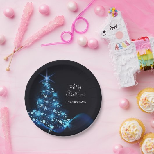 Kerst zwarte blauwe boom modern papieren bordje (Feest)