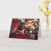 Kerst zwarte Franse Bulldog op een rode stoel Kaart (Gele Bloem)